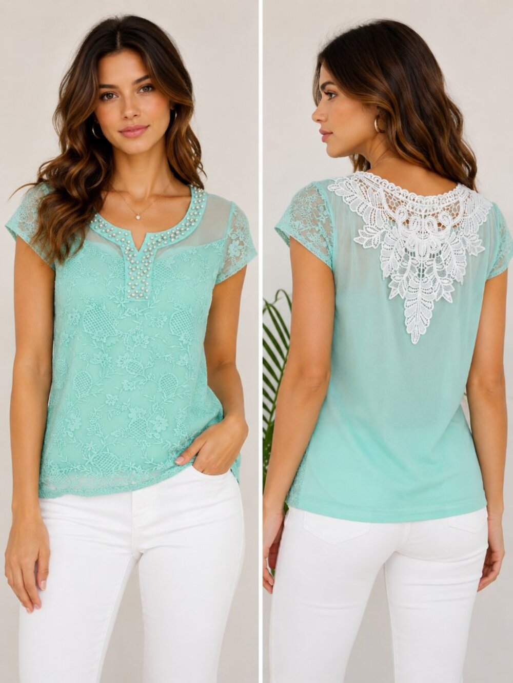Mint Green Lace Embellished Blouse Beaded Sheer Top M